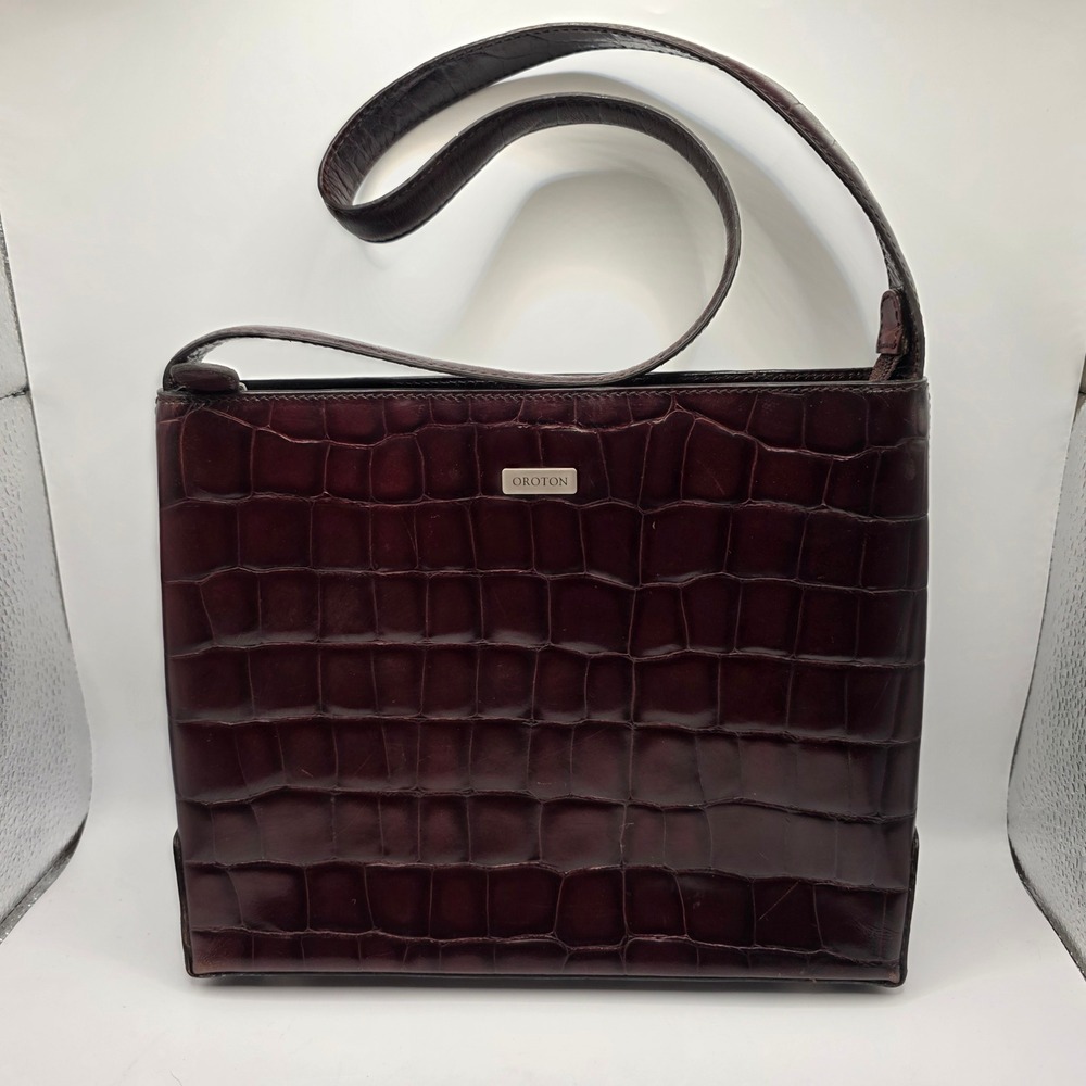 Vintage Oroton Sydney Mahogany Brown‎ Croc Embossed Leather Shoulder Bag Zip Top